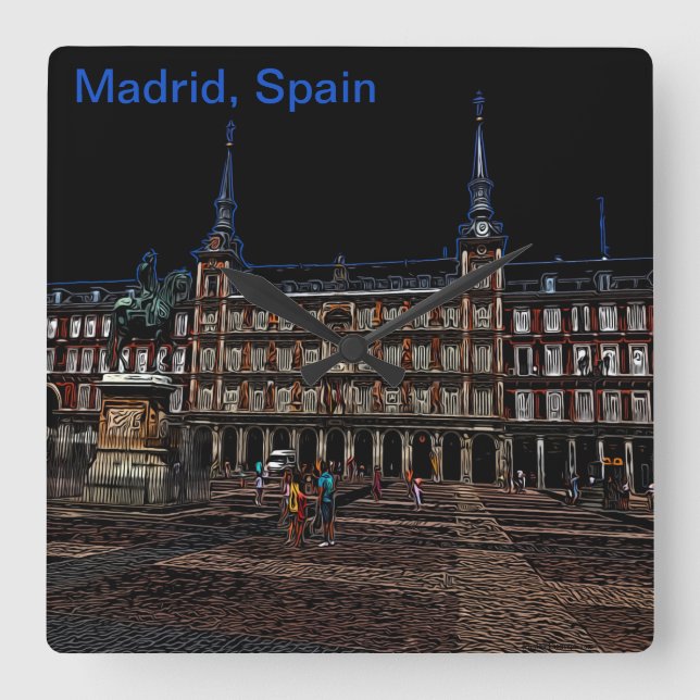 Neon Art of a plaza in Madrid, Spanien Quadratische Wanduhr (Vorderseite)