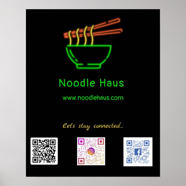 Neon Asian Noodle Bowl Social Media QR Codes Poster (Vorne)