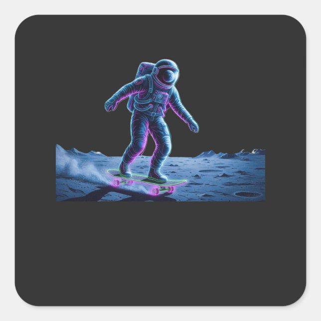 Neon Astronaut Skateboarding on the Moon Quadratischer Aufkleber (Vorderseite)