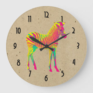 Neon Baby Zebra Psychedelic Pink Yellow & Green Große Wanduhr
