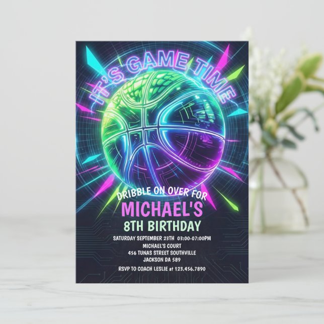 Neon Basketball Birthday Invitation Einladung (Stehend Vorderseite)