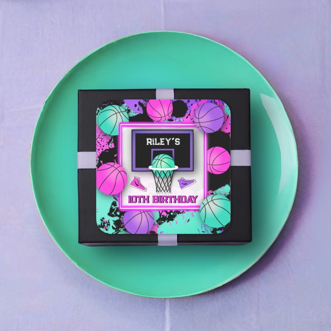 Neon Basketball Sneakers & Paint Spritzer Geburtst Quadratischer Aufkleber (Von Creator hochgeladen)