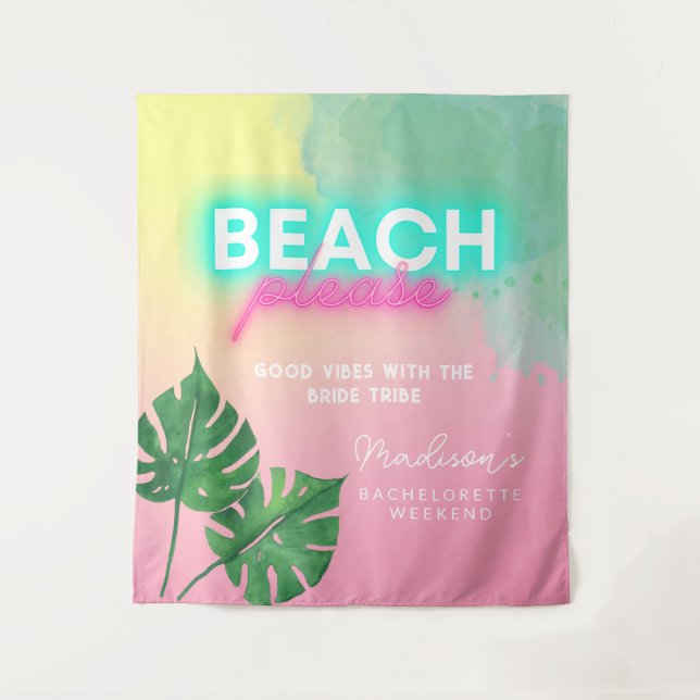 Neon Beach Bitte Bachelorette Pink Gradient Palm Wandteppich (Vorderseite)
