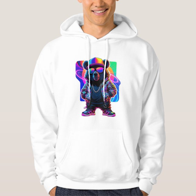 Neon Bear Glow: Lebhafte Retro Streetwear Hoodie (Vorderseite)
