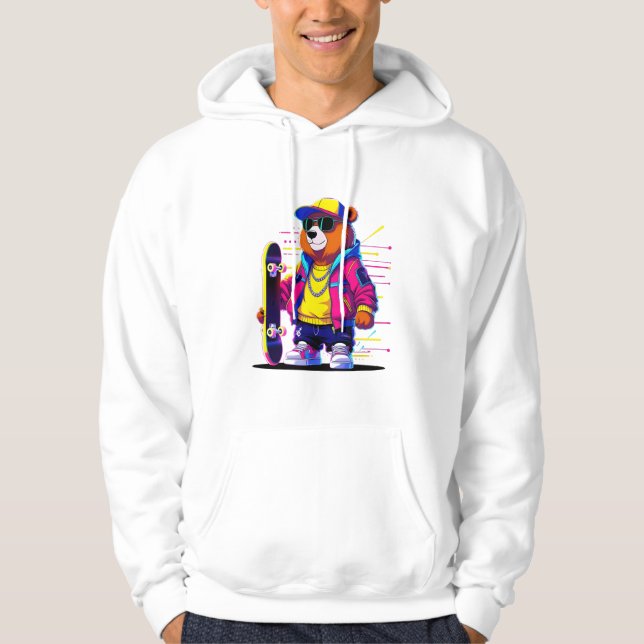 Neon Bear Glow: Lebhafte Retro Streetwear Hoodie (Vorderseite)