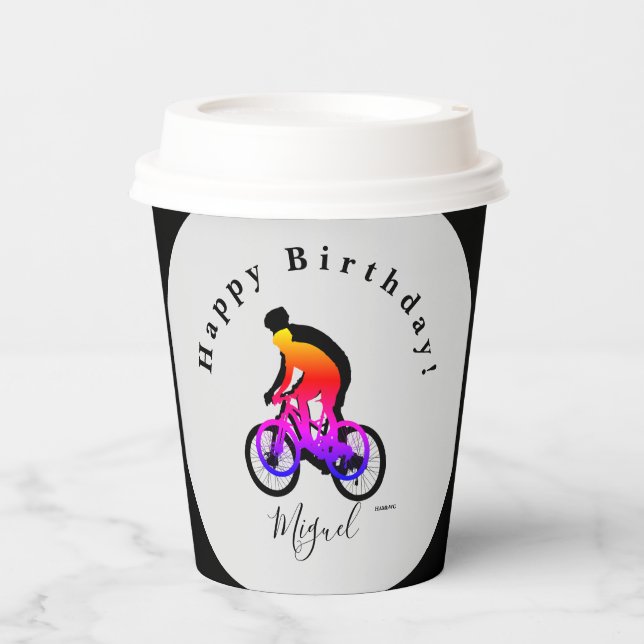 Neon Bicycle Rider Happy Birthday Paper Cups Pappbecher (Vorderseite)
