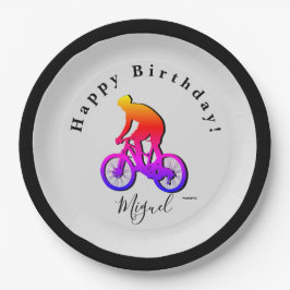 Neon Bicycle Rider Happy Birthday Paper Plate Pappteller