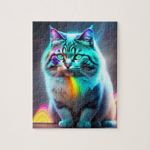 Neon Big Cat mit Regenbogenfarben, farbenfrohe Kat Puzzle