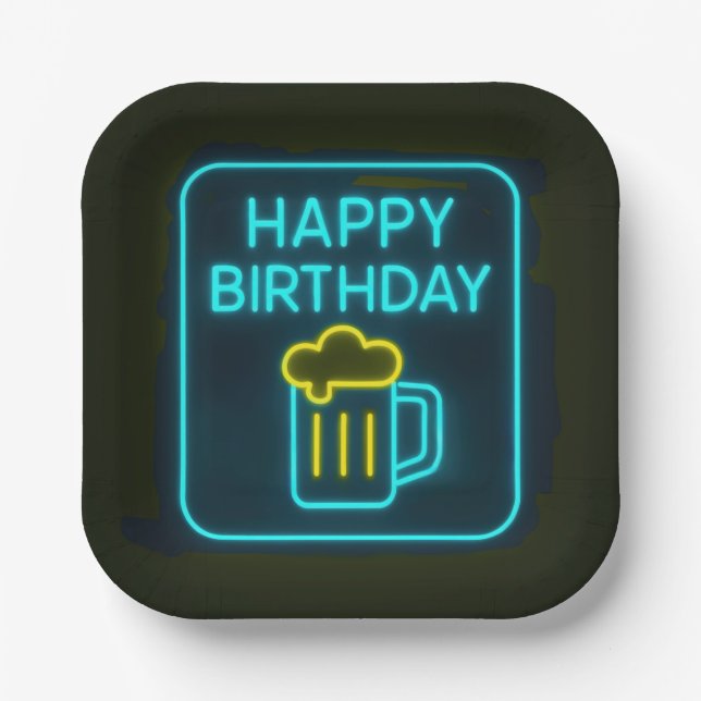 Neon Birthday Beer Tasse auf schwarz Pappteller (Vorderseite)