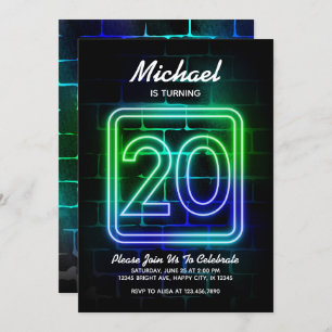 Neon Birthday Einladung für Junge 20. Geburtstag