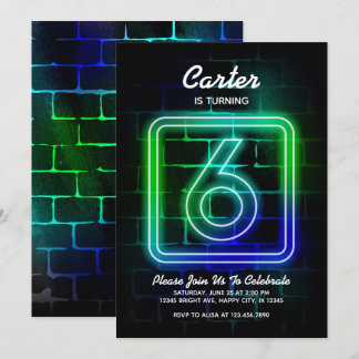 Neon Birthday Einladung für Junge 6. Geburtstag