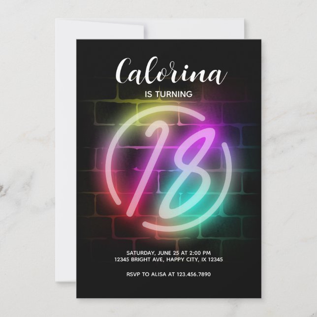 Neon Birthday Einladung für Mädchen 18. Geburtstag (Vorderseite)