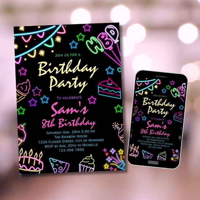 Neon Birthday Invitation Girls Neon Glow Party Einladung (Von Creator hochgeladen)