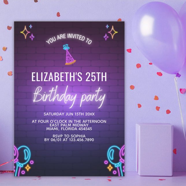 Neon Birthday Party Invitation Brick Wall Style Einladung (Von Creator hochgeladen)