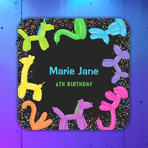 NEON BIRTHDAY TIERE BALLOONS PAPIER TELLER QUADRATISCHER AUFKLEBER