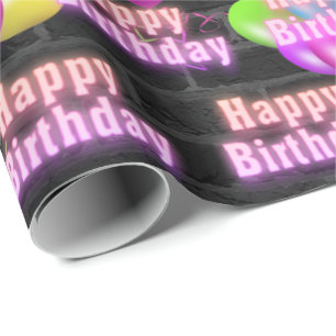 Neon Birthday und Balloons auf Brick Wrapping Pape Geschenkpapier