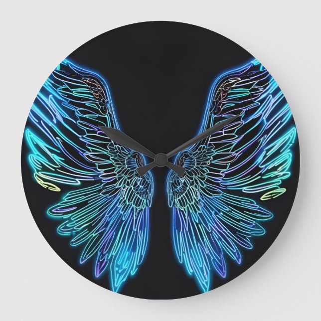 Neon Black and Blue Angel Wing Wall Clock Große Wanduhr (Vorderseite)