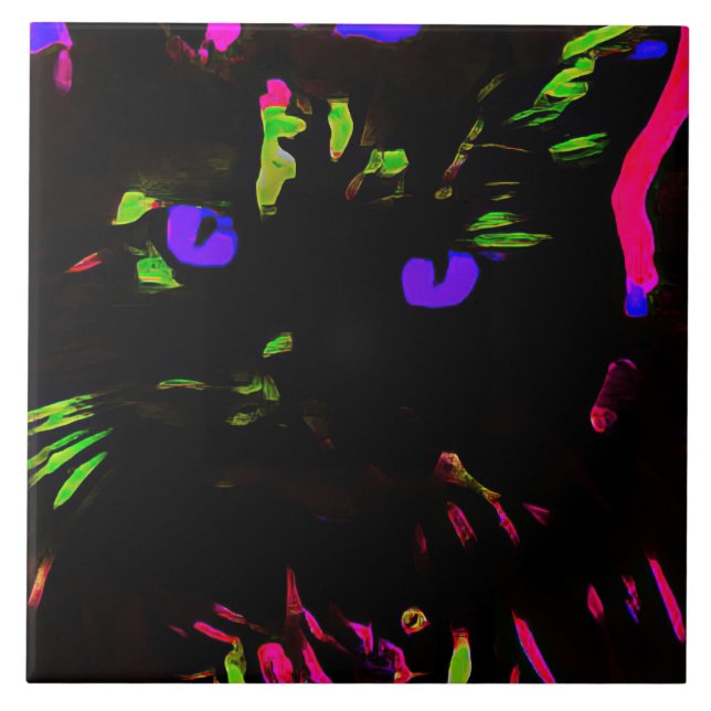 Neon Black Cat mit leuchtenden Augen Fliese (Vorderseite)