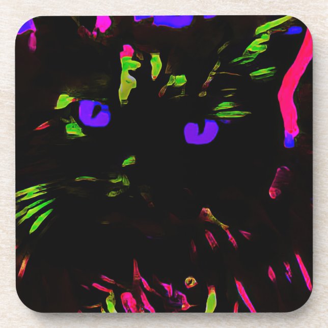 Neon Black Cat mit leuchtenden Augen Getränkeuntersetzer (Vorderseite)