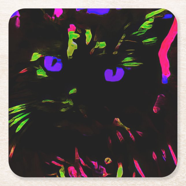 Neon Black Cat mit leuchtenden Augen Rechteckiger Pappuntersetzer (Vorderseite)