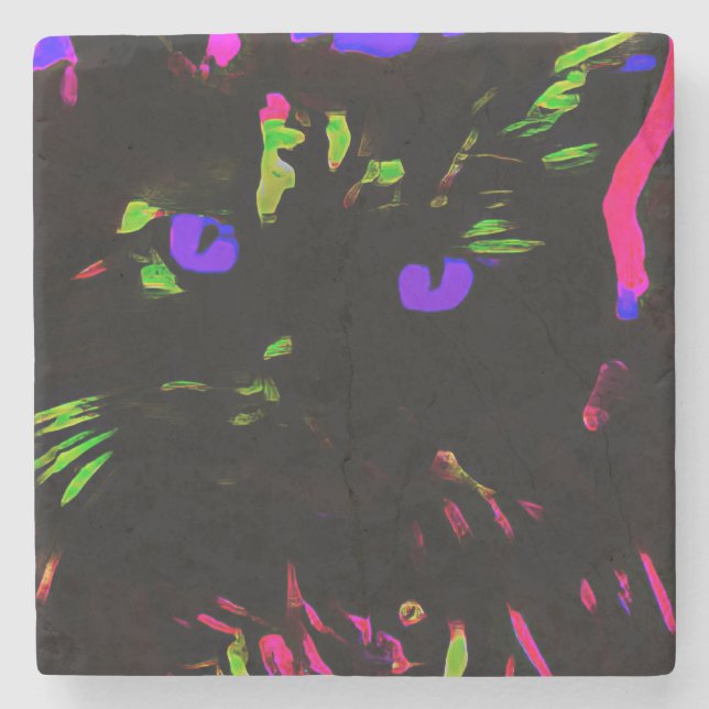 Neon Black Cat mit leuchtenden Augen Steinuntersetzer (Vorderseite)