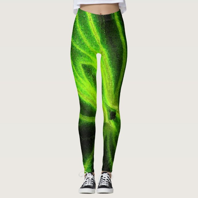 Neon Black Green Abstrakt Pattern Leggings (Vorderseite)