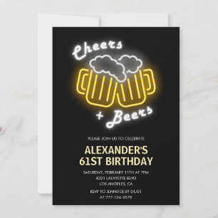 Neon Black Mens Cheers and Biere 61. Geburtstag in Einladung