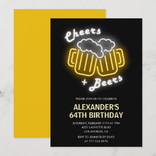 Neon Black Mens Cheers and Biere 64. Geburtstag Einladung