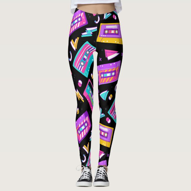 Neon & Black Trendy 80er Cassette Music Leggings (Vorderseite)