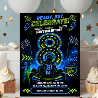 Neon Blau Grüner Junge Rennsport 8. Geburtstag Einladung