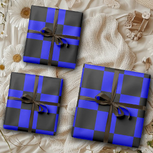 Neon Blaues und Schwarzes Karo-Schachbrett-Muster  Geschenkpapier Set