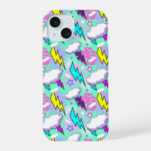 Neon-Blitze und Sterne-Muster iPhone 15 Hülle
