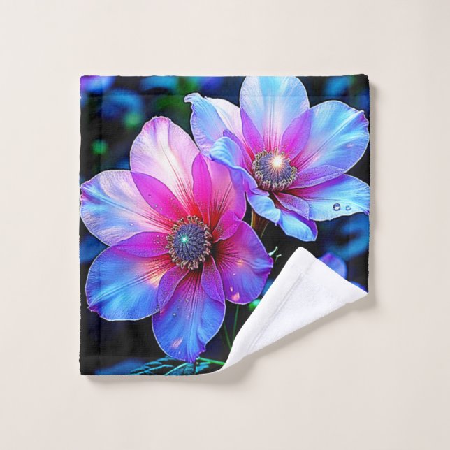 Neon Bloom Blume Magic Glow Design Badhandtuch Set (Waschlappen)
