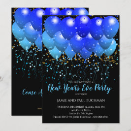Neon Blue Ballons und Gold Confetti auf schwarz Einladung