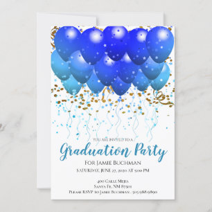 Neon Blue Balloons & Confetti Graduation Party Einladung