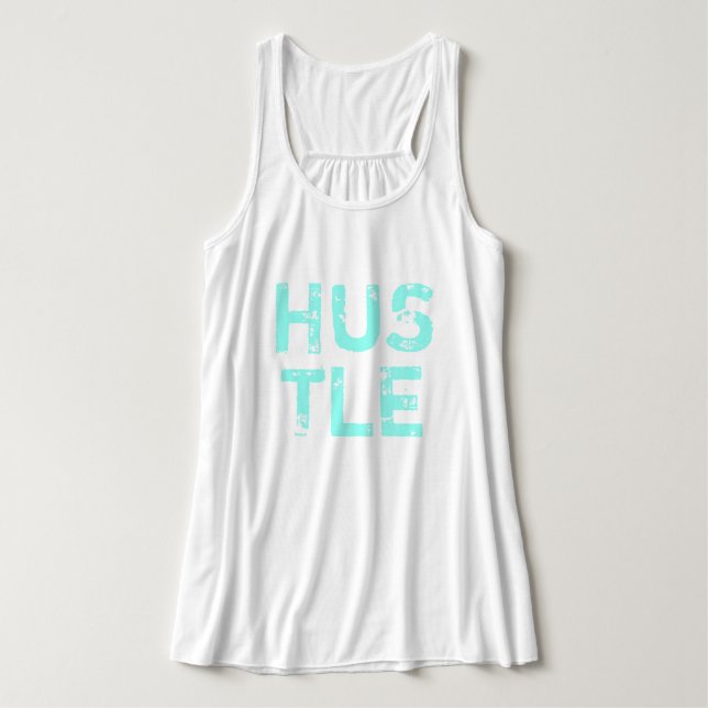Neon Blue Distressed Letting "Hustle Workout" Tank Top (Design Vorderseite)