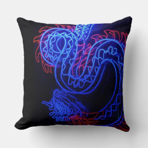 Neon Blue Dragon Black Background Bright Kissen