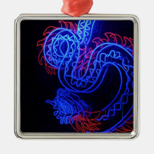 Neon Blue Dragon Black Background Bright Ornament Aus Metall