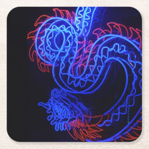 Neon Blue Dragon Black Background Bright Rechteckiger Pappuntersetzer