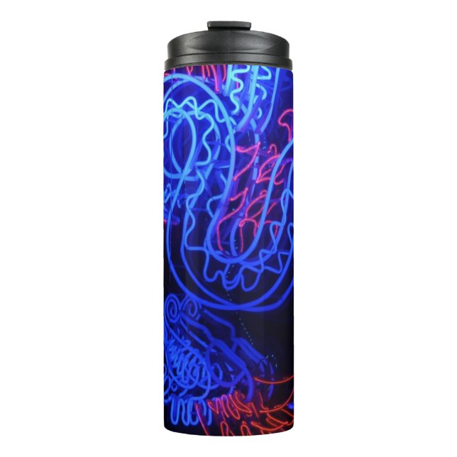 Neon Blue Dragon Black Background Bright Thermosbecher (Vorderseite)