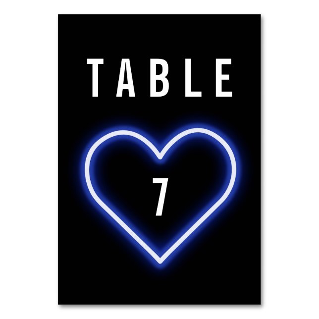 Neon Blue Heart Wedding Tischnummer (Vorderseite)