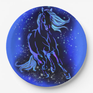 Neon Blue Horning bei Mondlicht Starry Night  Pappteller