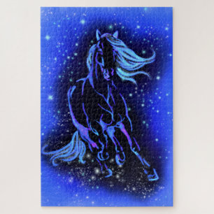 Neon Blue Horning bei Mondlicht Starry Night Puzzle