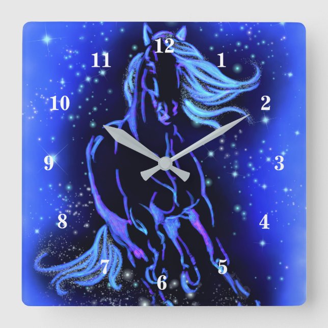 Neon Blue Horning bei Mondlicht Starry Night  Quadratische Wanduhr (Vorderseite)