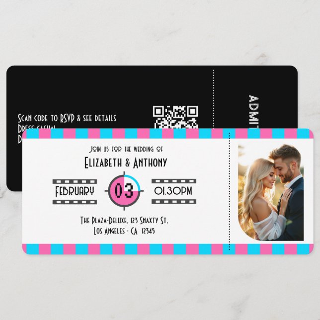 Neon Blue, Hot Pink, and Black Cinema Ticket Einladung (Vorne/Hinten)
