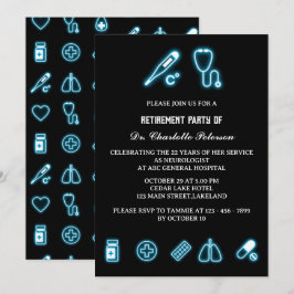 Neon Blue Medical Element Doctor Retirement Party Einladung