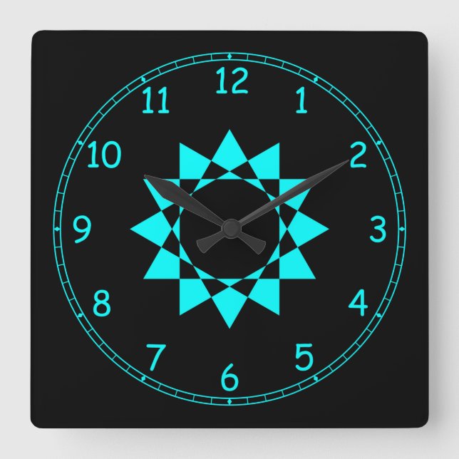 Neon Blue mit Star und Fun Frame Quadratische Wanduhr (Vorderseite)
