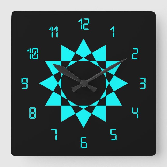 Neon Blue mit Star und Fun Nummern Quadratische Wanduhr (Vorderseite)