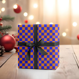 Neon Blue Orange Checkered Checkerboard Vintag Geschenkpapier