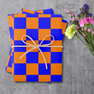 Neon Blue Orange Checkered Checkerboard Vintag Geschenkpapier Set